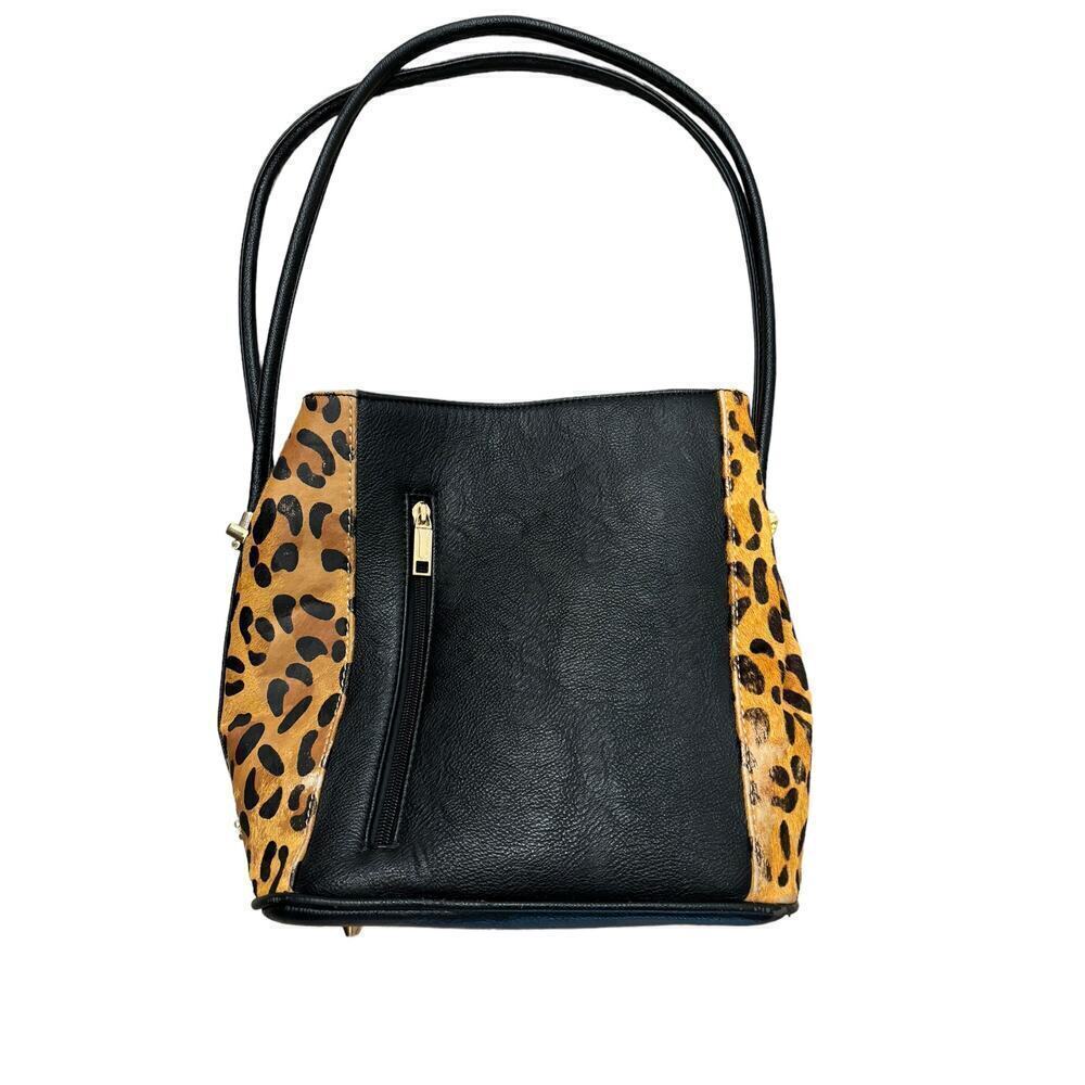 SAMSOE Two-Handle Faux Pebble Leather and Animal/Leopard Print Handbag